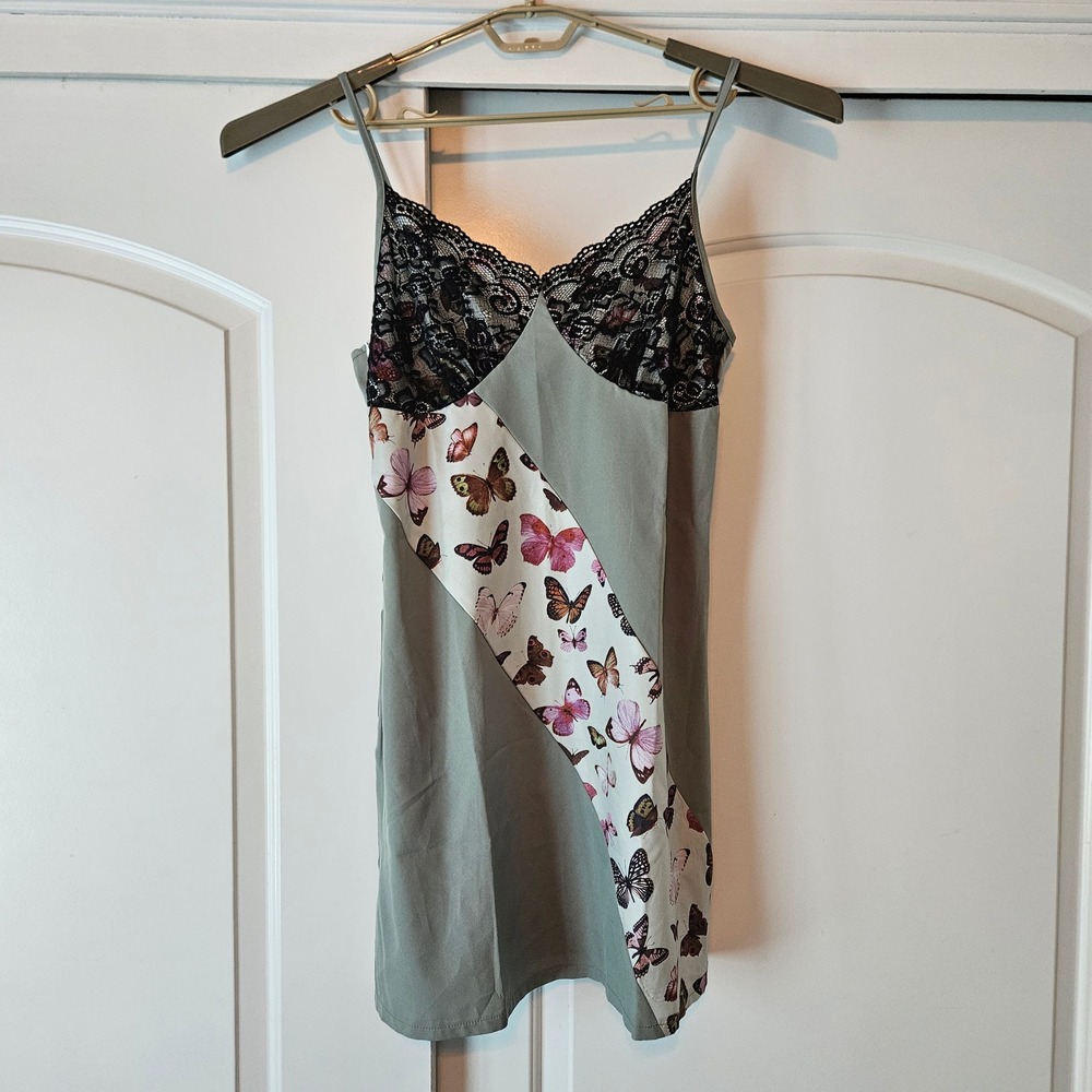 Butterfly Slip Dress Babydoll Large Sage Green Y2K Lace Nightgown Patchwork